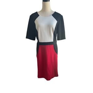 R&K Red Black and White Stretch Midi Sleeve Sheath Career Formal Dress Size 18